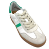 Sleek in profile this sneaker features a gum-coloured rubber sole, striped green on white trim green leather tab at the back and a luxurious cream leather upper. A spin on a retro classic sneaker.