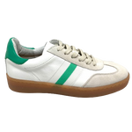 Sleek in profile this sneaker features a gum-coloured rubber sole, striped green on white trim green leather tab at the back and a luxurious cream leather upper. A spin on a retro classic sneaker.