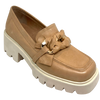 This gorgeous comfy loafer on its white chunky sole has square toe and is finished with a leather wrapped gold chain trim. The supple leather is a cappuccino/soft tan colour which is perfect for this shoe.