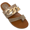 A comfortable little slip on with a toe piece and a chunky beige chain trim over the instep. Made from manmade materials with a cushioned white sole, silver metal trim on the rand and available in the versatile colour of taupe.
