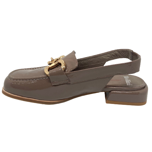 A very cool flat sling back with a square loafer front and gold bridle trim. The dark taupe patent leather is a handy neutral colour way. The small square heel finishes this little shoe off perfectly.