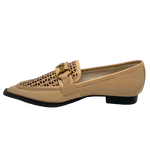 Here's a loafer with a twist! Sleek and quirky these sand coloured points have a brass bridal buckle trim and perforation in the plug. Definietly a pair to take you from the office and onward.