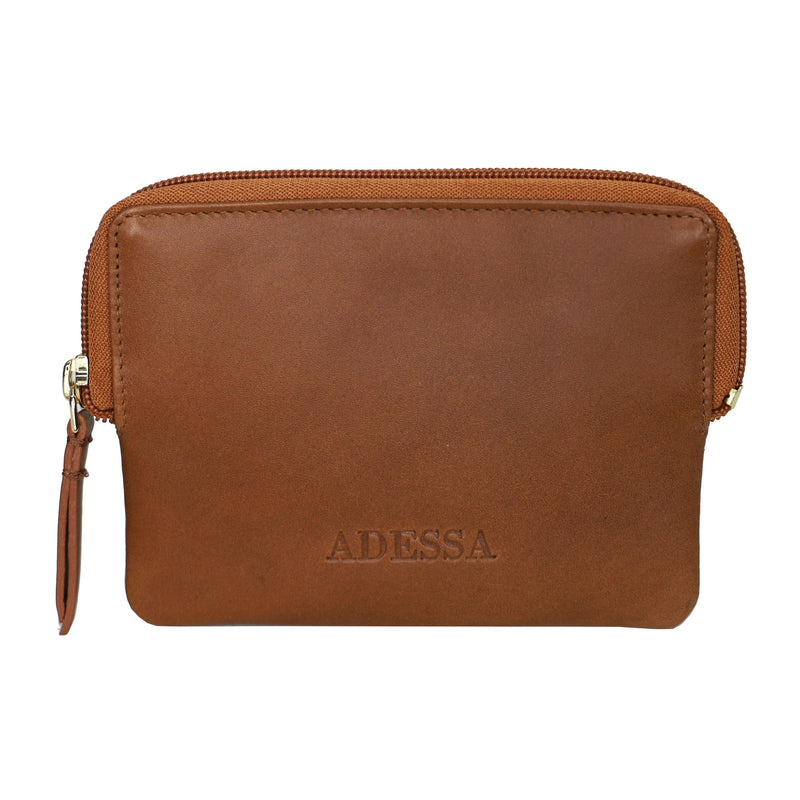 This very handy little leather coin purse will slip easily into your smallest bag or pocket. It has zip closure and also an outside zip, plenty of room for your cash as well as space for your cards. Measures 14cm x 11cm. Made by Adessa.