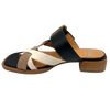 A great combination of neutral colours of black, bone and taupe make this little toe thong slide a handy addition to your summer wardrobe. The wide leather straps across the foot feature two brushed gold buckle and it has a low stacked heel.