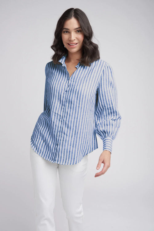 • 100% Linen • Yarn Dyed Stripe • Classic Fit • Collar Stand with Pleat and Frill Finish • Shell Buttons • Long Sleeve Gathered and Gathered onto Cuff • Back Yoke • Curved Hemline