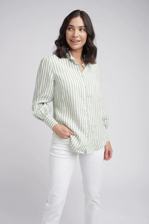 • 100% Linen • Yarn Dyed Stripe • Classic Fit • Collar Stand with Pleat and Frill Finish • Shell Buttons • Long Sleeve Gathered and Gathered onto Cuff • Back Yoke • Curved Hemline
