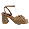 Made in Spain, these 9cm heels have an elegant, shapely block heel which is very stable and also interesting. The upper is supportive with a wide band of leather swirling across the foot. The narrow ankle strap crosses behind heel and the squared off footbed is padded for extra comfort. The colour could be described as a soft caramel.