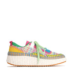A fun multi coloured sneaker from Los Cabos constructed of man made materials. The bright colours, textures and blanket stitching create a sneaker for all seasons.