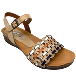 Made in Spain by Zeta these sandals have tried and proven sole and footbed and a well fitted soft leather upper with good foot coverage. The Y back is always supportive. The multi coloured weave leather adds interest. A great easy-to-wear summer wardrobe addition.