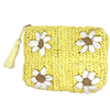 Measuring 23cm x 18cm this cute little clutch has a plain canvas back and a raffia front where four raffia daisies are embroidered. Zip entry and finished with a tassel.