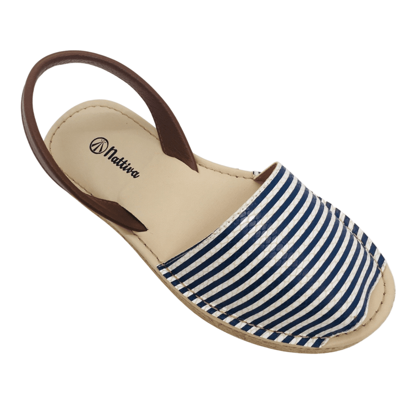 A classic style with a difference. Snake skin print striped leather and tan leather sling back, rope flat wedge and tan rubber sole make this a great go anywhere sandal. Colour blue stripe.
