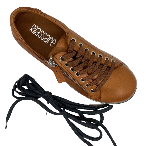 Tan leather sneakers with laces and zip