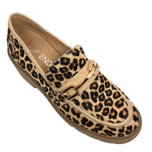 Pony print leopard, a tab across the front of the foot with a gold gauci trim and a heavy gum sole make these loafers both comfortable and very "now".  By Top End.