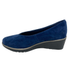Here is a comfortable shoe suitable for everyday wear where comfort and style are also required. The V front and soft suede leather make this a good fit on a broad foot or a foot with a bunion. The platform wedge give the wearer stability and height.