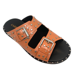 The gorgeous colour combination of "sunburn" and black is enhanced by the double pewter buckles and the studding on the upper straps as well as around the rand of the sole. This a a great statement slide for summer. A contoured sole makes for good support and comfort. Made in Brazil.