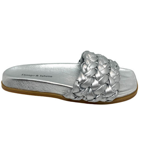 This little slide from Django & Juliette has a contoured foot bed for comfort and a wide front strap of three plaited and padded strap to provide comfort for your toes. Available in great muted metallic colours of rose gold and silver both of which are in a smooth leather.