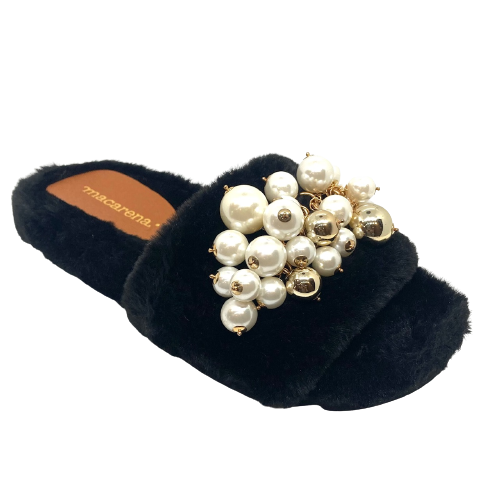 A super soft and comfy slide that is also glamorous and fun! With a moulded sole unit that fits the contours of the foot these furry slides are trimmed with a huge cluster of pearls. But don't just keep them for the bedroom wear them with your favourite jeans when you're out and about. Available black. Made in Spain.