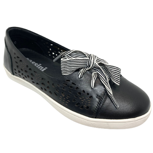 A comfortable lace up sneaker which is low cut and has perforations in the leather on the sides of the shoe to allow for air flow making it the ideal flattie for hotter months. The laces are a smart striped ribbon. There is also a removable insole for those who wish to use their own orthotic. Made by Cassini. Available in white and in black.