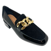 Wear this gorgeous, classic loafer in black patent and black suede as part of your corporate wardrobe or as an everyday winter favourite. The heel is a great 3cm and the gold channel chain trim adds that little but extra.