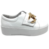 Here's a great alternative to a lace up sneaker! Made by Django & Juliette these little beauties have a wide velcro strap across the foot concealed by the chunky gold chain trim. They're on a 4cm white rubber platform for added height,