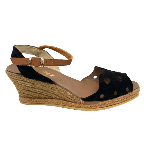 Spanish espadrilles are renown for their comfort and style. These have an upper of soft black suede with holes punched for a point of difference. The peep toe is great in our summer months and the instep strap is in tan leather. The height is 5 tier (6cm with a 1cm platform).