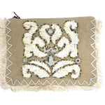 A great clutch for you summer occasions. Canvas with beading, raffia stitching, fringing, zip closure and a chain strap make this a versatile little addition to any wardrobe. Measurements  -  25cm x 19cm