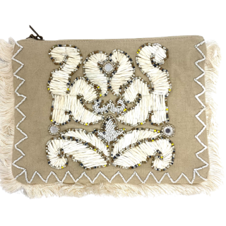 A great clutch for you summer occasions. Canvas with beading, raffia stitching, fringing, zip closure and a chain strap make this a versatile little addition to any wardrobe. Measurements  -  25cm x 19cm