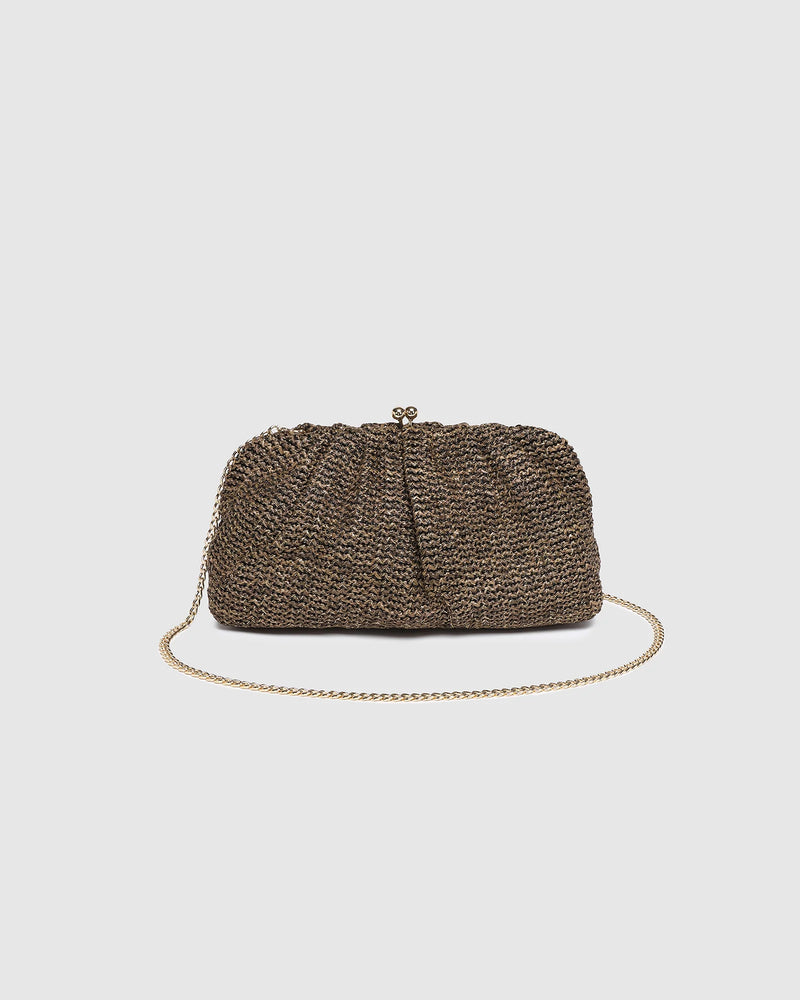 he Goldie Raffia Vanilla Clutch is your statement plus-one for any occasion, designed to elevate your look from daytime celebrations to evening soirées. This evening clutch features a slouchy yet structured silhouette, crafted in a raffia-like texture for a modern take on timeless texture. As a true gold chain clutch, Goldie Raffia Vanilla is finished with both a short and long gold chain strap, giving you the freedom to wear her in hand, over the shoulder, or crossbody. A polished kiss clip closure keeps y