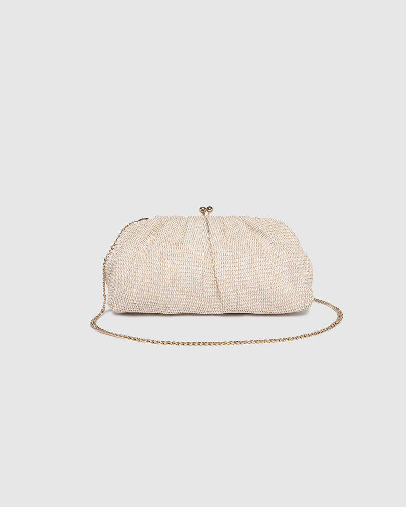 he Goldie Raffia Vanilla Clutch is your statement plus-one for any occasion, designed to elevate your look from daytime celebrations to evening soirées. This evening clutch features a slouchy yet structured silhouette, crafted in a raffia-like texture for a modern take on timeless texture. As a true gold chain clutch, Goldie Raffia Vanilla is finished with both a short and long gold chain strap, giving you the freedom to wear her in hand, over the shoulder, or crossbody. A polished kiss clip closure keeps y