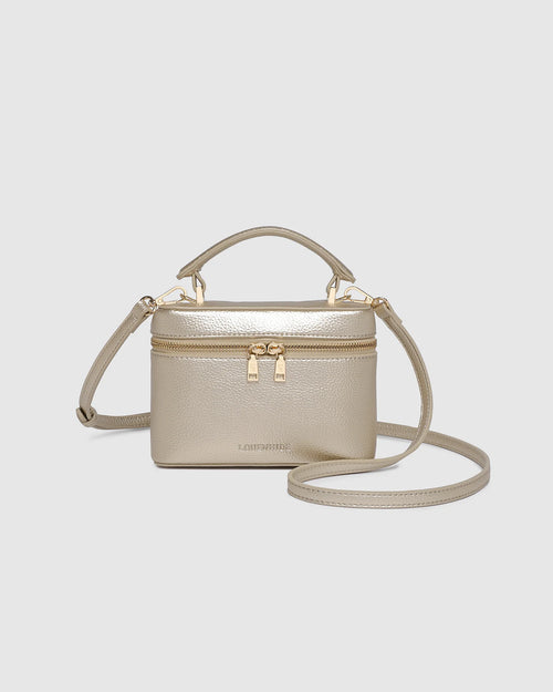 Internal Lining	Polyester Recycled Beige and White Stripe Logo 100% Lining
Handle Height	7cm
Shoulder Strap	Detachable 110cm Chain Strap
Crossbody Strap	Adjustable and Detachable 106-124.5cm Vegan Leather Strap
Closure	Secure Zip
Body Material	Polyurethane Vegan Leather 100%
Hardware	Light Gold
Dimensions	W17.3 x H12 x D6.5cm
Weight	0.35kg