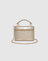 Internal Lining	Polyester Recycled Beige and White Stripe Logo 100% Lining
Handle Height	7cm
Shoulder Strap	Detachable 110cm Chain Strap
Crossbody Strap	Adjustable and Detachable 106-124.5cm Vegan Leather Strap
Closure	Secure Zip
Body Material	Polyurethane Vegan Leather 100%
Hardware	Light Gold
Dimensions	W17.3 x H12 x D6.5cm
Weight	0.35kg
