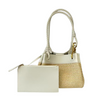 This cute little grab bag in raffia and milk leather also comes with a shoulder strap and an extra zipped leather pouch, Measures 21cm x 14cm x 15cm