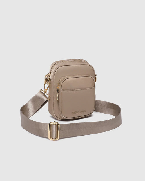 Internal Features	Slip Pocket
External Features	Front Side Slip Pocket, Front Side Zip Pocket
Internal Lining	Polyester Recycled Beige and White Stripe Logo 100% Lining
Crossbody Strap	Adjustable and Detachable 72-130cm Sateen Webbing Strap
Closure	Secure Zip
Body Material	Nylon 100%
Hardware	Light Gold
Dimensions	W13 x H19 x D7cm
Weight	0.35kg