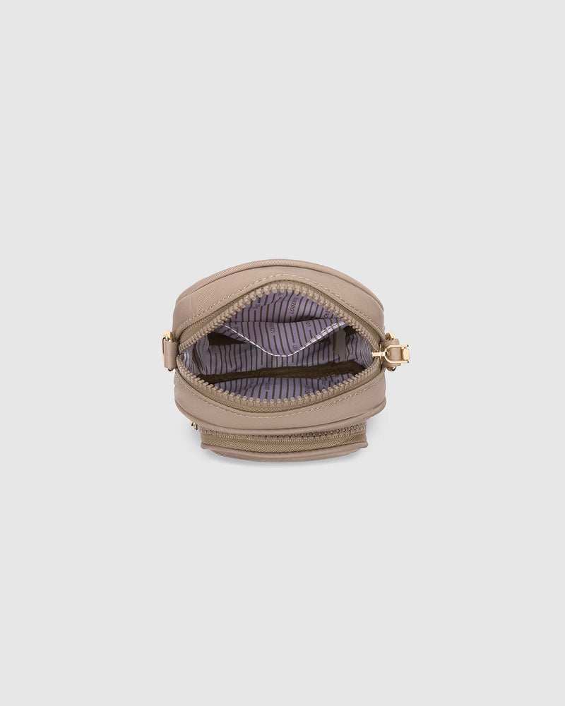 Internal Features	Slip Pocket
External Features	Front Side Slip Pocket, Front Side Zip Pocket
Internal Lining	Polyester Recycled Beige and White Stripe Logo 100% Lining
Crossbody Strap	Adjustable and Detachable 72-130cm Sateen Webbing Strap
Closure	Secure Zip
Body Material	Nylon 100%
Hardware	Light Gold
Dimensions	W13 x H19 x D7cm
Weight	0.35kg