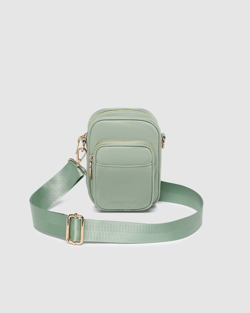 Internal Features	Slip Pocket
External Features	Front Side Slip Pocket, Front Side Zip Pocket
Internal Lining	Polyester Recycled Beige and White Stripe Logo 100% Lining
Crossbody Strap	Adjustable and Detachable 72-130cm Sateen Webbing Strap
Closure	Secure Zip
Body Material	Nylon 100%
Hardware	Light Gold
Dimensions	W13 x H19 x D7cm
Weight	0.35kg