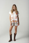 A cute cropped shirt in 100% cotton shirt featuring C+P+S signature Rodeo Print on the front. This cap sleeve is cool in our summer months and is the perfect foil with the Rodeo Print shorts and cropped pants which are also a part of this Rodeo range.