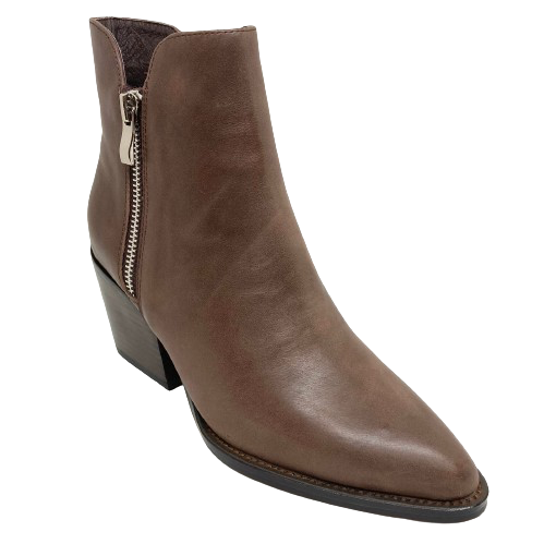 The rich chocolate coloured leather used in this classic boot will work beautifully with your winter wardrobe. The 7cm stacked heel has a slightly western feel to it, the toe shape is nicely tapered and it finishes at the ankle with a dip at either side where there are double zips for ease of entry. This little boot from Django &amp; Juliette will suit both pants and skirts with style.