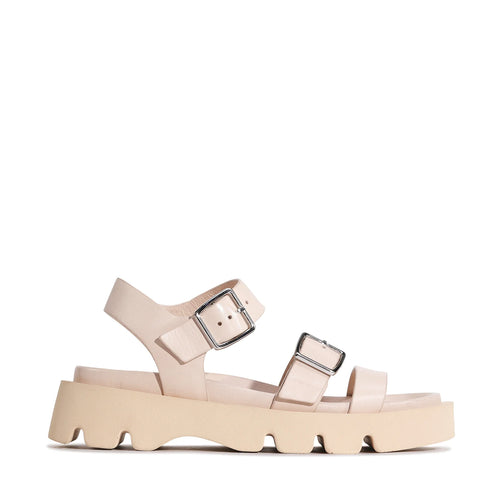On trend as always with Eos is this chunky, comfortable flat sandal with smooth leather straps, y back and silver buckles.
