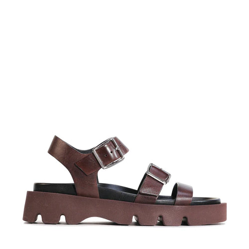 On trend as always with Eos is this chunky, comfortable flat sandal with smooth leather straps, y back and silver buckles.