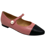 Cute little Mary Jane ballet flats look great with both dresses and pants. These from Top End are in rose pink with a black tow cap and the strap across the instep is finished with a pearl and fastened with velcro.&nbsp; The insole is padded and the sole flexible to offer plenty of comfort.