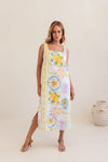 This mid length 100% linen dress has a square neckline, is sleeveless and in the fresh Amalfi Print of lemons and blues.