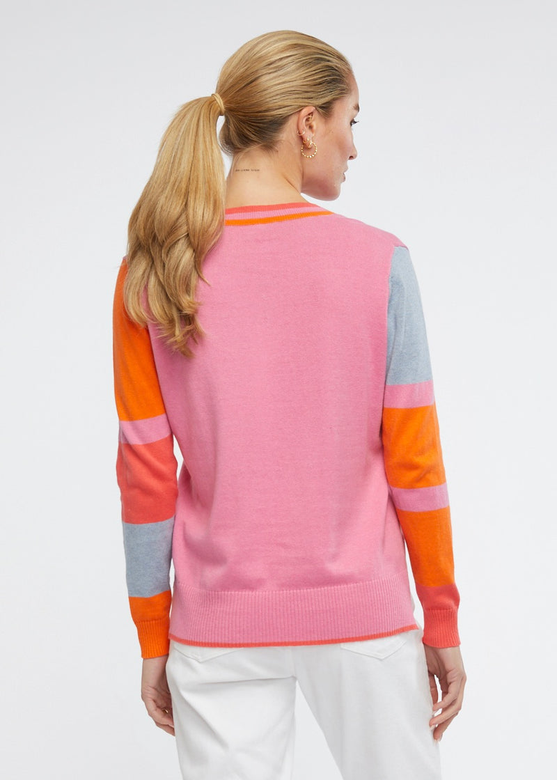 <p>Have some fun with your knitwear. We love the pretty combination of colours and patterns on this v neck pullover. Bound to become a favourite.</p> <p>5% cashmere</p> <p>95% cotton</p>