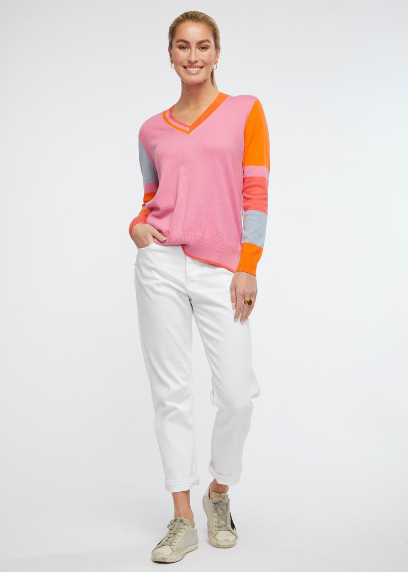 <p>Have some fun with your knitwear. We love the pretty combination of colours and patterns on this v neck pullover. Bound to become a favourite.</p> <p>5% cashmere</p> <p>95% cotton</p>