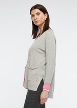 <p>A beautiful longer length, soft cardi with musk trim, large buttons, pockets, side splits and an uneven hemline. This is one to love for a very long time.</p> <p>5% cashmere</p> <p>95% cotton,</p>