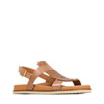 A good comfortable tan sandal is a staple in any wardrobe and this one fits that purpose perfectly. The sole is contoured and flat and the upper features two straps with a beautifully woven and fringed leather piece on top of the foot. Brand is EOS.