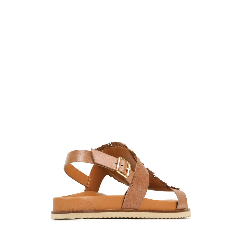 A good comfortable tan sandal is a staple in any wardrobe and this one fits that purpose perfectly. The sole is contoured and flat and the upper features two straps with a beautifully woven and fringed leather piece on top of the foot. Brand is EOS.