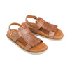 A good comfortable tan sandal is a staple in any wardrobe and this one fits that purpose perfectly. The sole is contoured and flat and the upper features two straps with a beautifully woven and fringed leather piece on top of the foot. Brand is EOS.