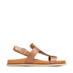 A good comfortable tan sandal is a staple in any wardrobe and this one fits that purpose perfectly. The sole is contoured and flat and the upper features two straps with a beautifully woven and fringed leather piece on top of the foot. Brand is EOS.