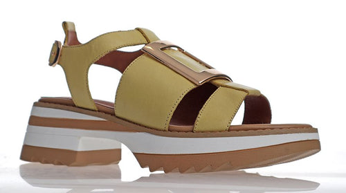 This wonderfully comfortable leather sandal from Alfie & Evie with a flatform that provides height without the pitch has a gold buckle trim and tan and white stripes in the sole for added interest.