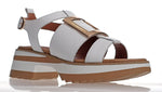 This wonderfully comfortable leather sandal from Alfie & Evie with a flatform that provides height without the pitch has a gold buckle trim and tan and white stripes in the sole for added interest.